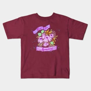 A bunch of wild flowers with purple banner "Here for Spring" Kids T-Shirt